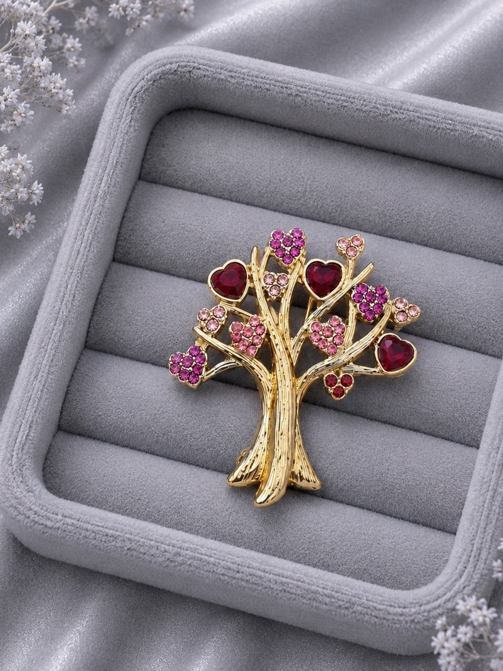 Gold Tree Brooch with Red & Pink Crystal Hearts - Picture 2 of 2